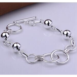 Bracelet Retro bead circle chain 925 Sterling Silver color 20CM for Women